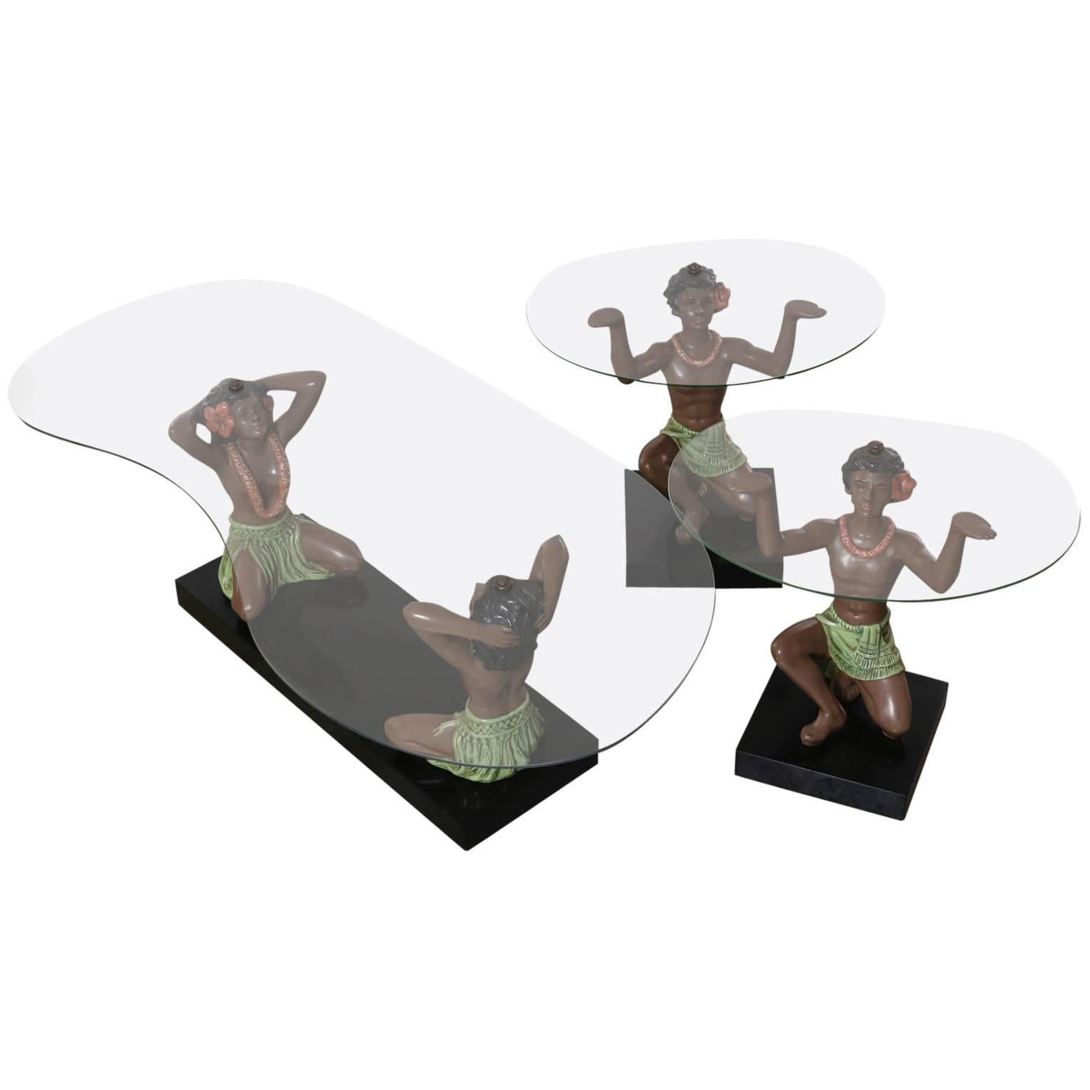 This is arguably the hardest Hawaiiana set to find, Hawaiian Hula Dancer figural coffee table and side tables, all original, 1954. In our 25 years of collecting and selling Hawaiiana this is perhaps the third full set of this design that we have
