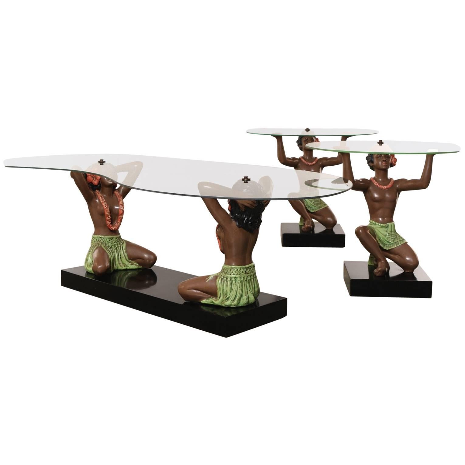 HAWAIIAN HULA Figural Coffee Table and Side Tables, Rare Three-Piece Set For Sale