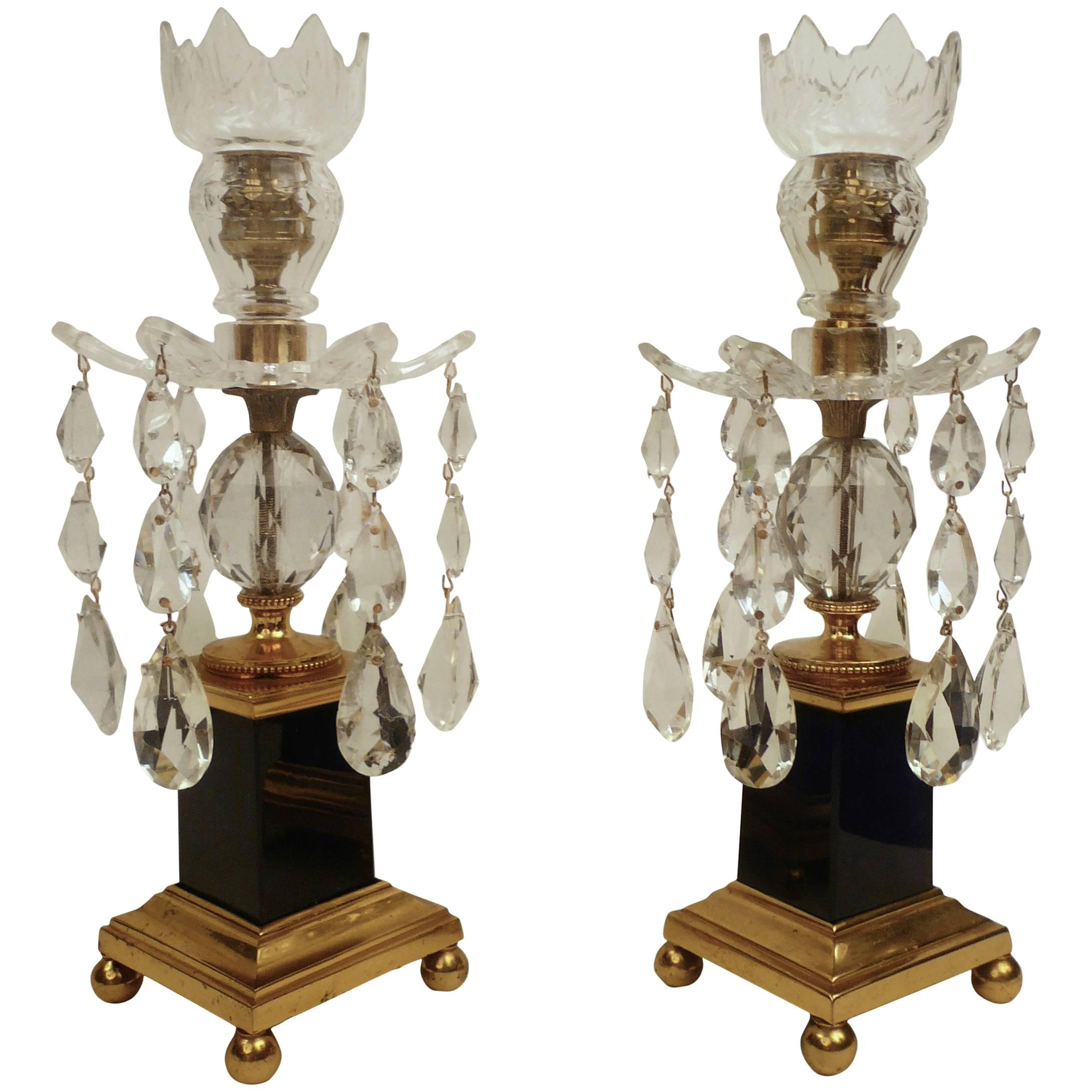 Pair George III Style Gilt Bronze, Cobalt Blue Glass, and Crystal Candlesticks For Sale