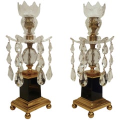 Antique Pair George III Style Gilt Bronze, Cobalt Blue Glass, and Crystal Candlesticks