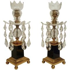 Pair George III Style Gilt Bronze, Cobalt Blue Glass, and Crystal Candlesticks
