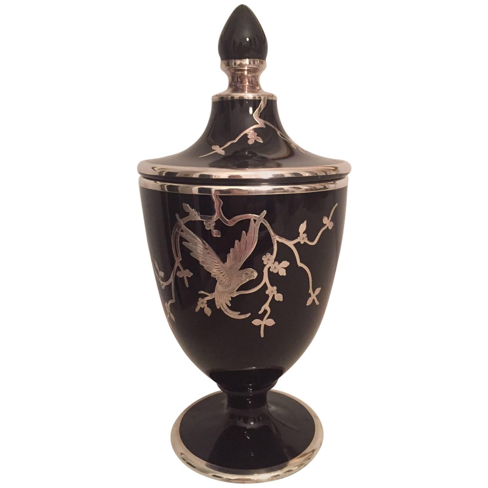 Rockwell Sterling Silver Overlay Black Lidded Glass Urn For Sale