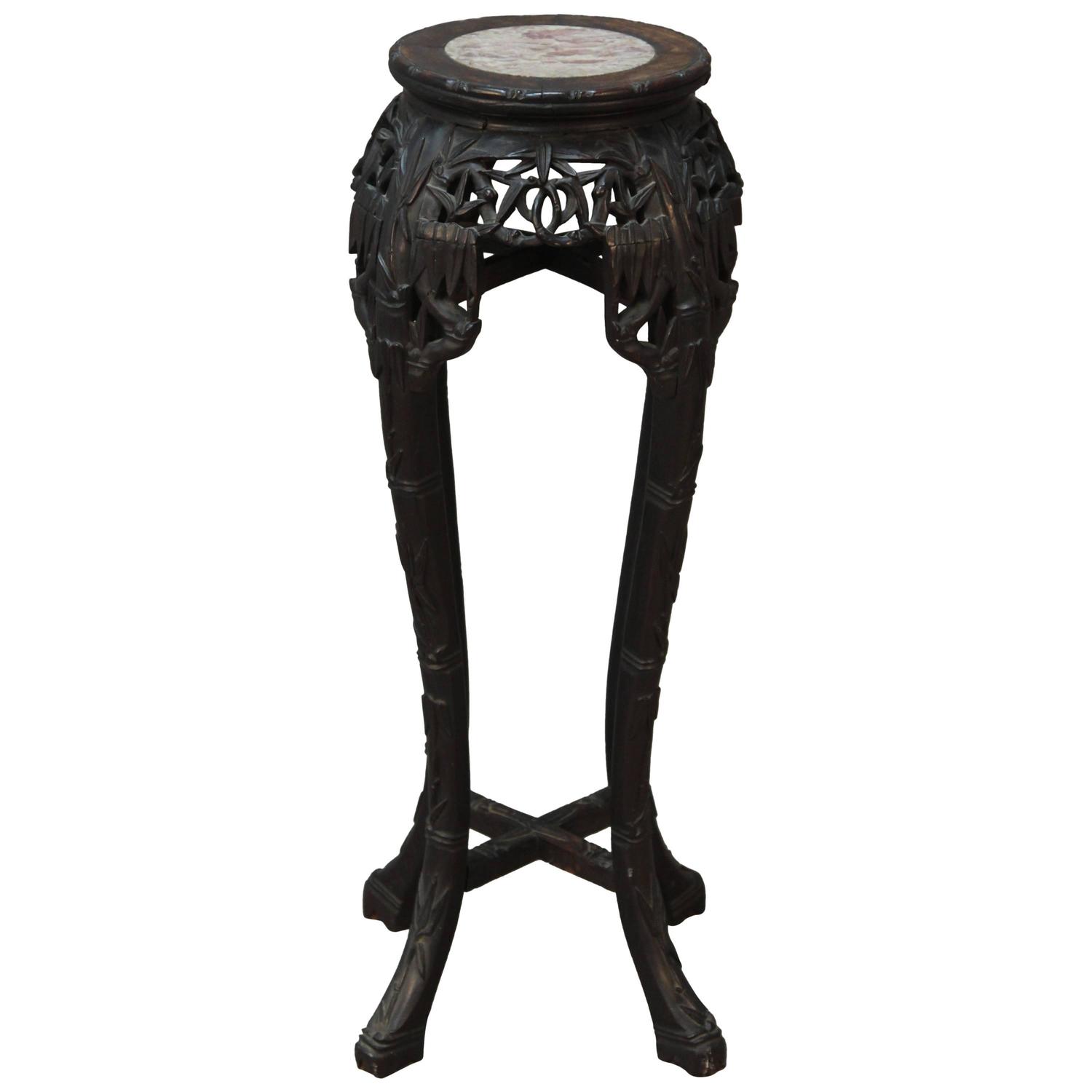 19th Century Carved Wood Chinese Pot Stand with Round Marble Insert For
