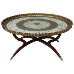 Large Round Vintage Brass Tray Coffee Table on Midcentury Folding Spider Base 4