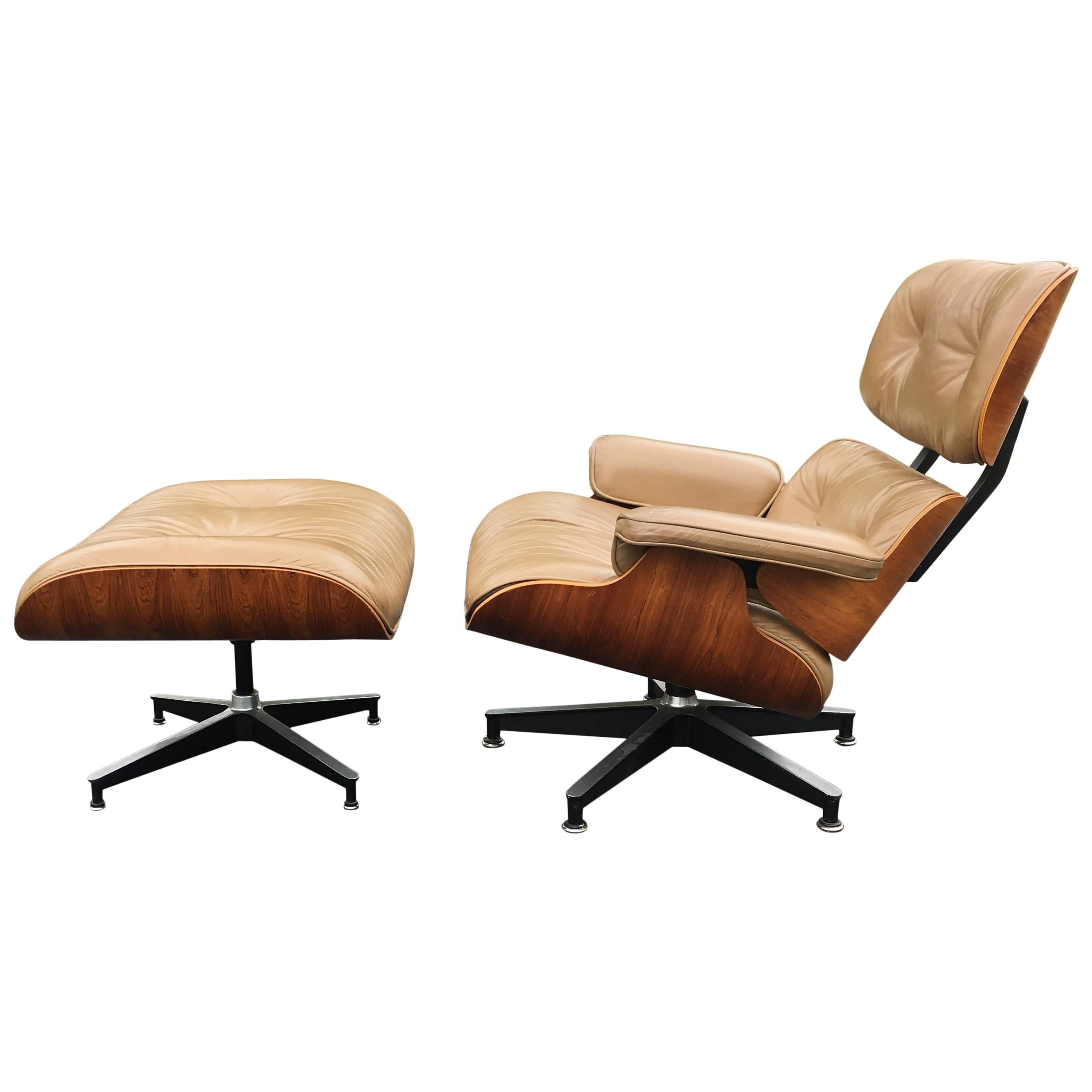 Rosewood and Tan Herman Miller Eames Lounge Chair and Ottoman