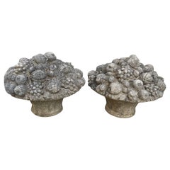 Monumental Pair of Antique Cast Stone Fruit and Flower Baskets