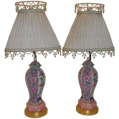 Pair of Pastel Urn Lamps with Lids and Beaded Custom Shades