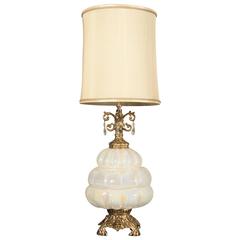 Opalescent Blown Glass Lamp with Teardrop Crystals, Retro Hollywood Regency