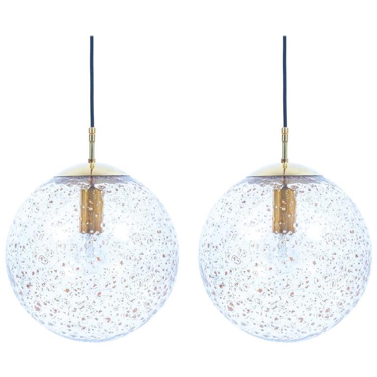 Pair of Limburg Brass and Glass Ball Pendants For Sale at 1stdibs
