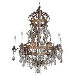 Italian 18th Century Gilt Iron and Crystal Beaded Crown Top Chandelier