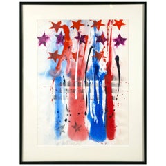 Large Mid-Century Modern Watercolor Painting Abstract Stars