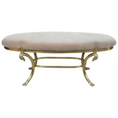 Elegant Upholstered Brass Bench with Duck Heads and Webbed Feet