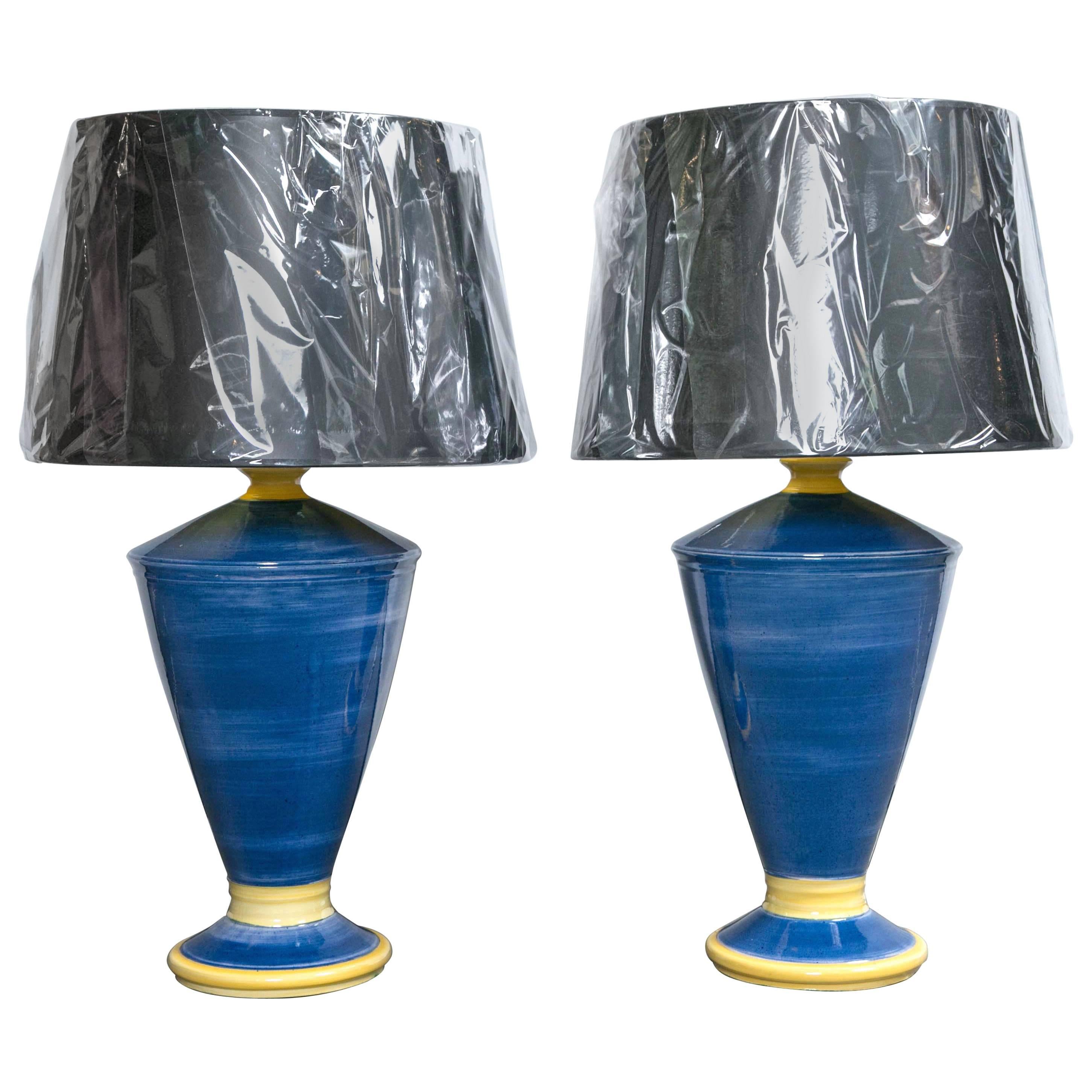 Blue and Yellow Pottery Lamps For Sale