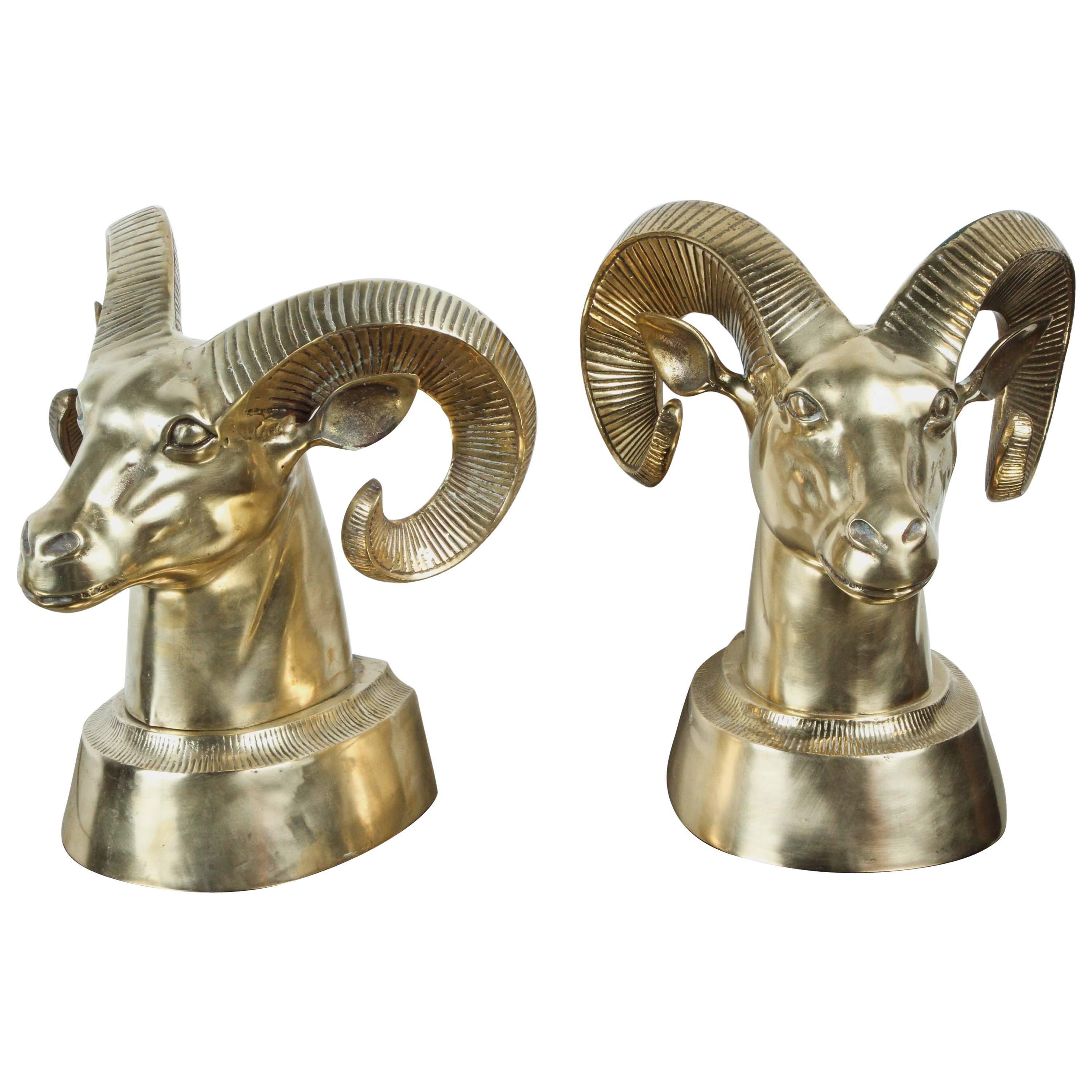 Pair of Large Decorative Brass Rams Heads / Bookends