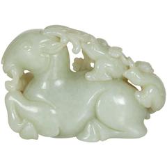 Chinese Whitish Celadon Carved Jade Group of Ram with Two Boys