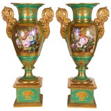 Monumental Pair of French Paris Porcelain Botanical Painted Vases with Rams Head