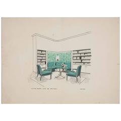 Living Room Design, Original Drawing by Leleu, France, Art Deco, 1940s