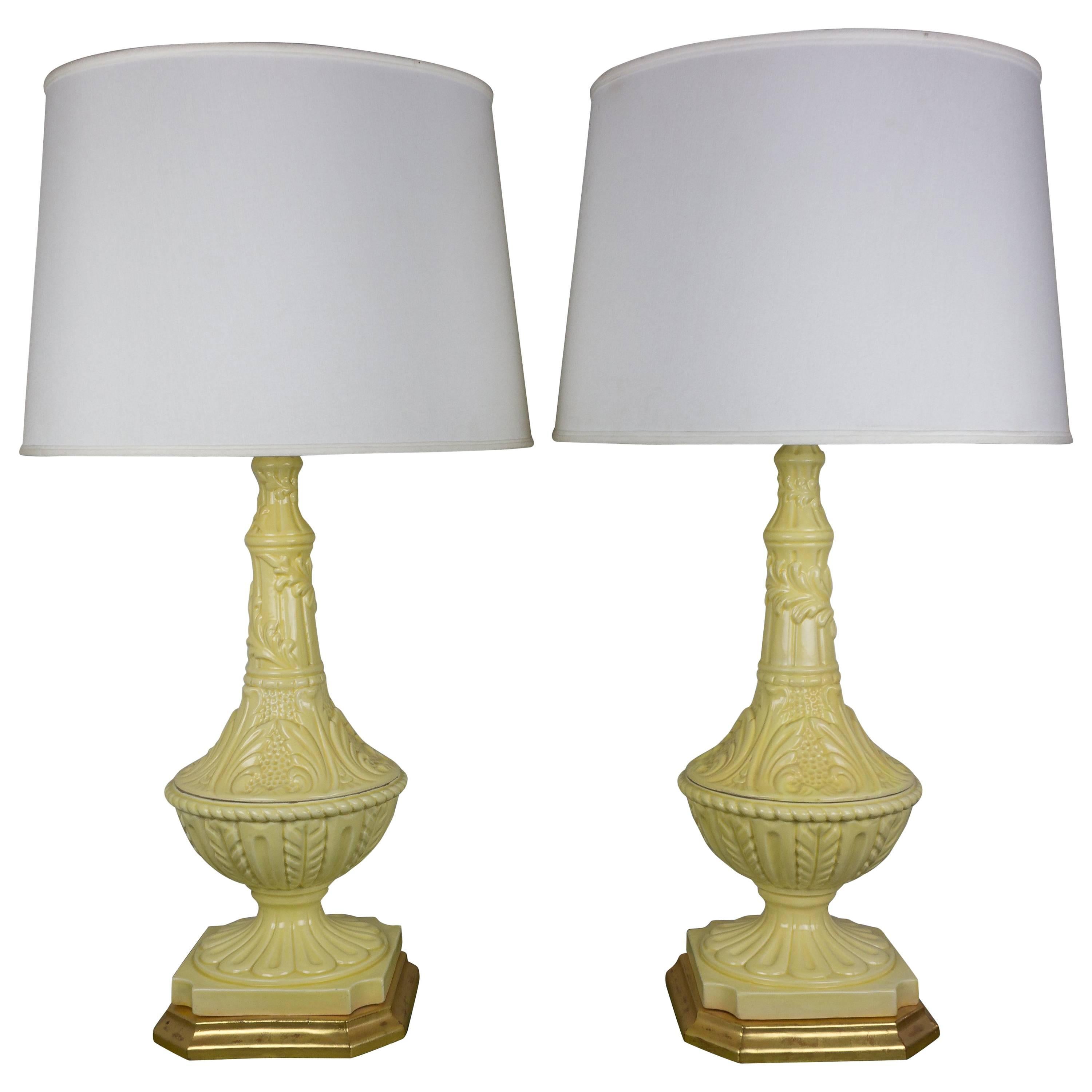 Pair of Spanish Yellow Ceramic Lamps with Gilt Bases