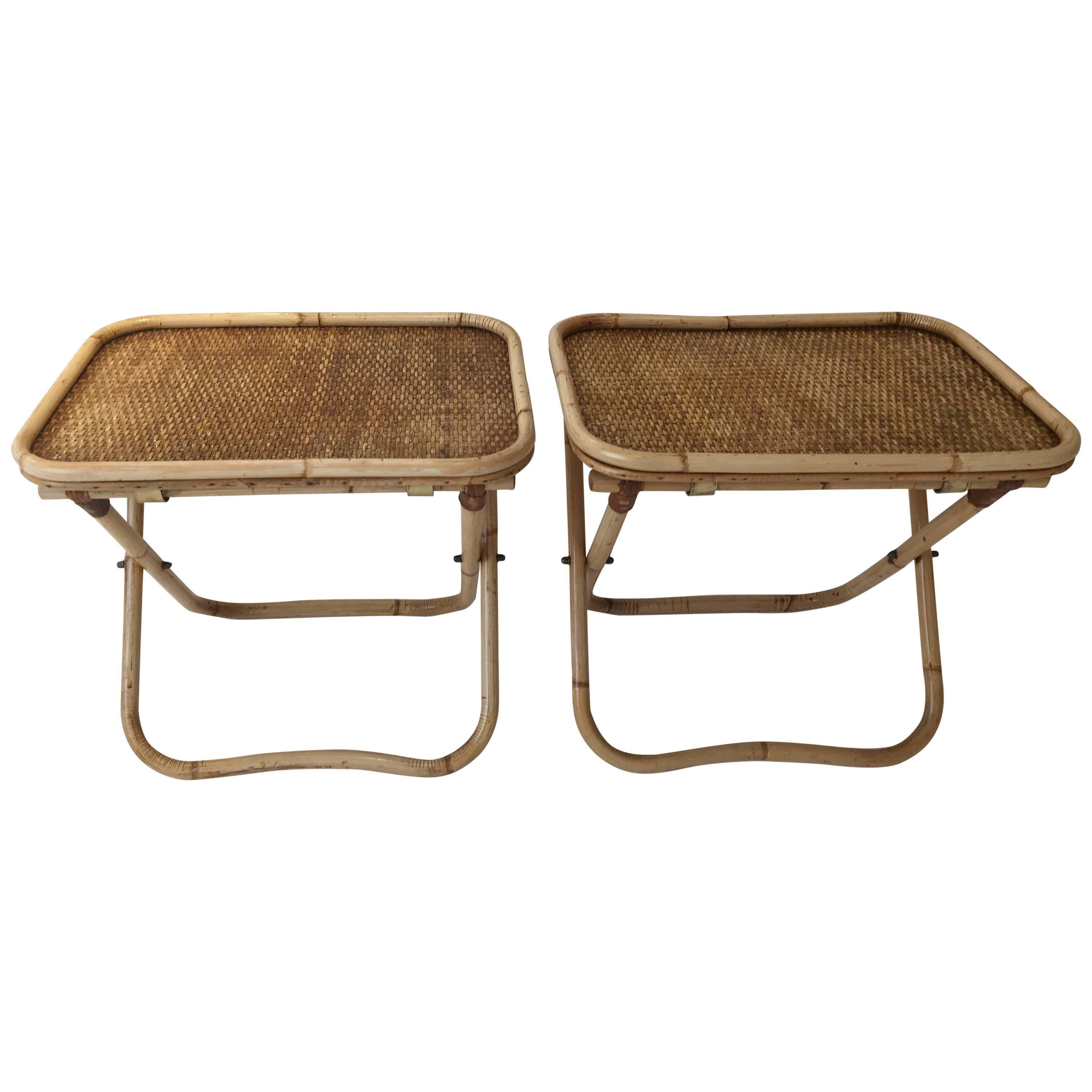 Signed Gabriella Crespi Rattan Collapsible Tray Tables, Pair For Sale