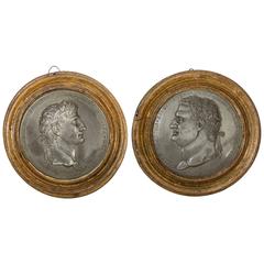 Pair of Directoire Silvered Bronze Portrait Medallions of Roman Emperors