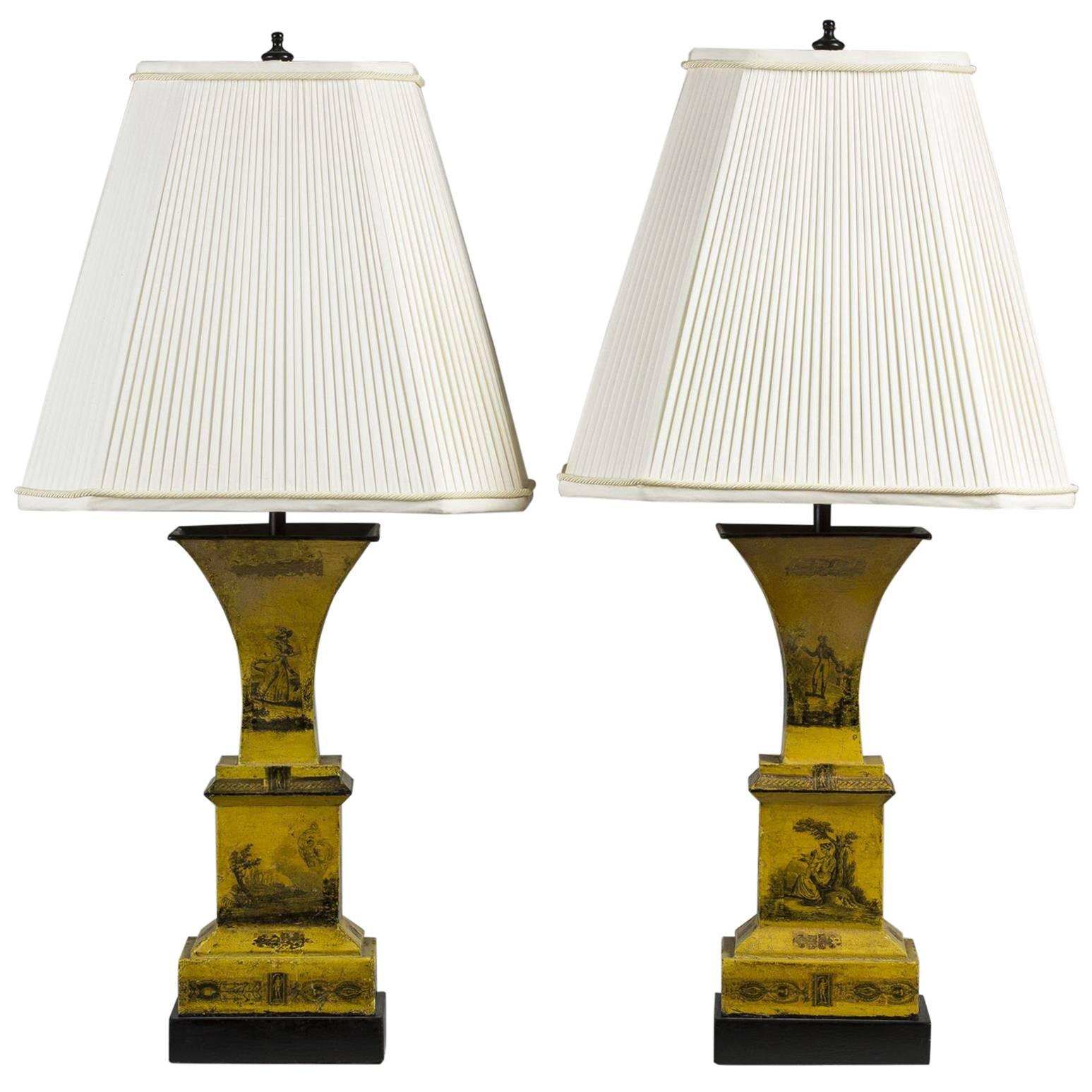 Pair of Romantic Yellow Tole Urns Mounted as Lamps