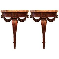 Pair of 19th Century Carved, French Louis XVI Wall Brackets with Marble Top