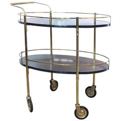 Two-Tier Ebonized Wood and Brass Rolling Bar Cart