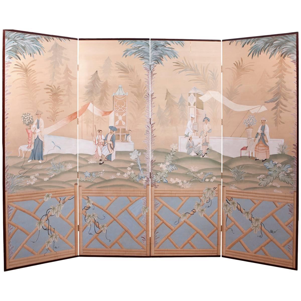 Long Vintage Screen in Chinoiserie with Four Painted Panels of Chinese Scenes