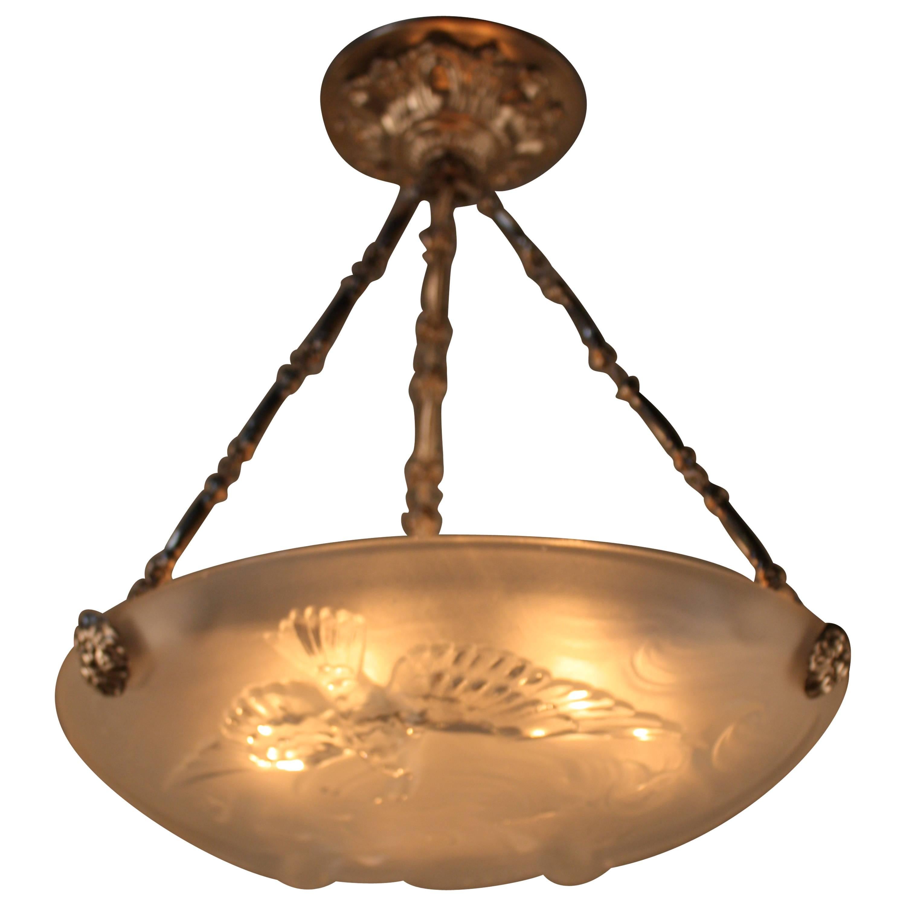 French Art Deco Glass Chandelier by Verlys