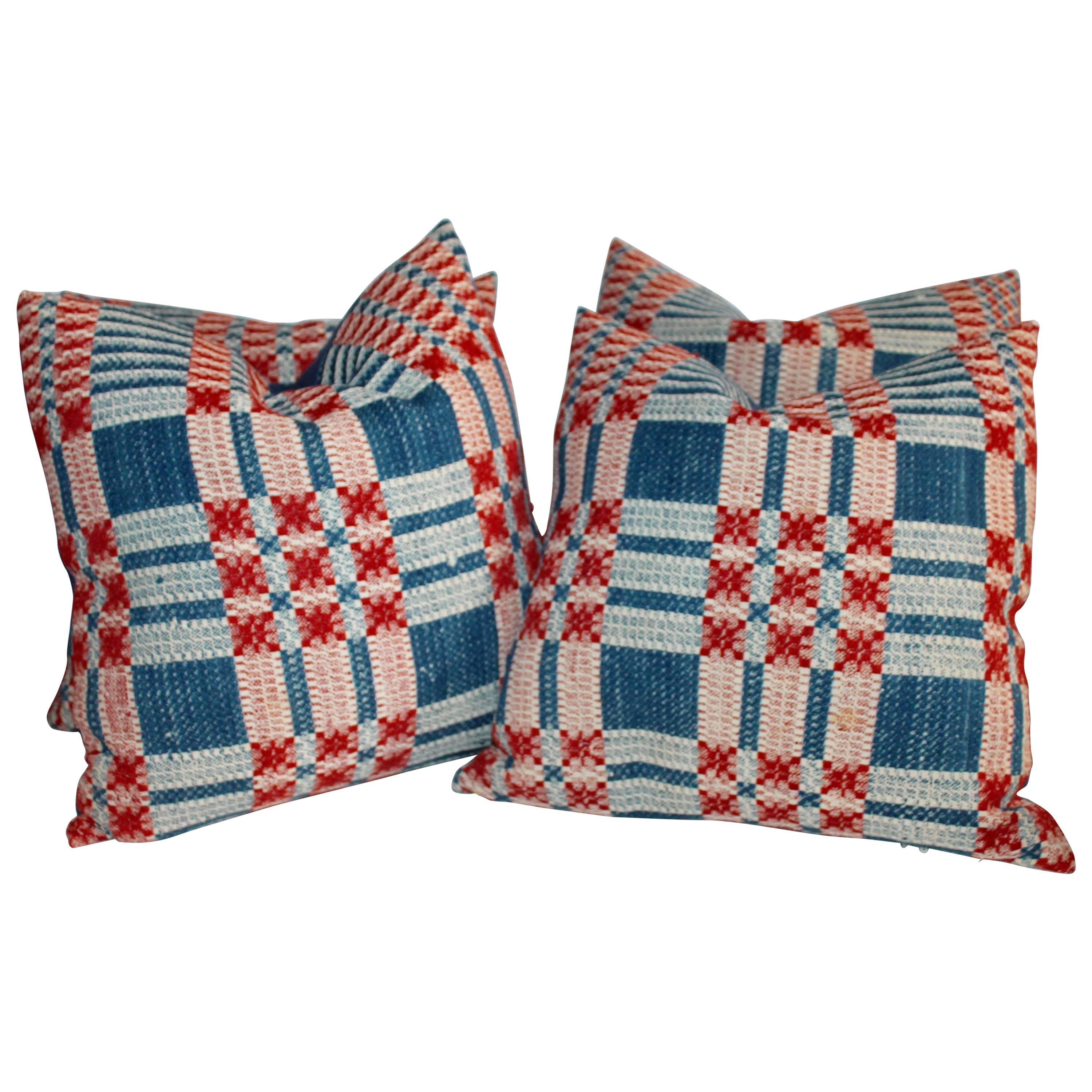 19th Century Woven Jaquard Coverlet Pillows