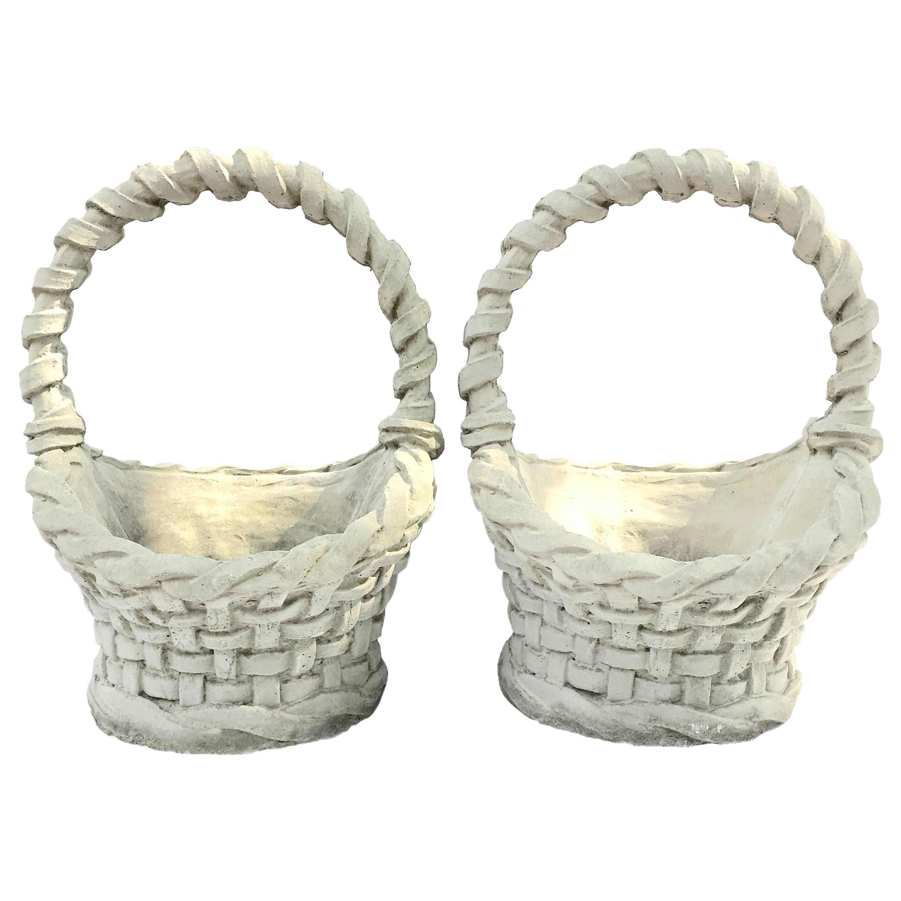 Pair of Concrete Basket Weave Basket Planters 