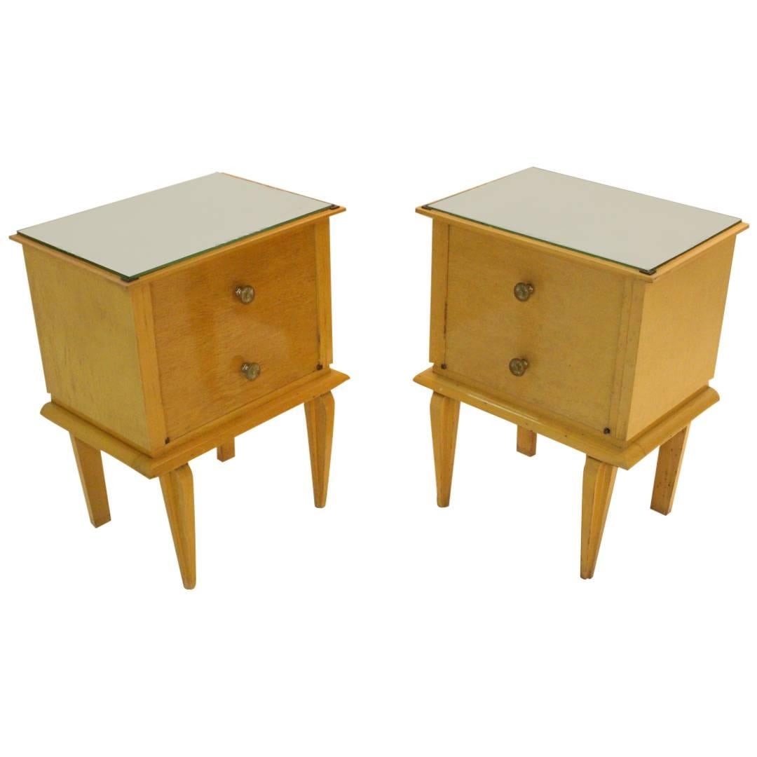 French Moderne Beechwood Nightstands with Mirror Tops