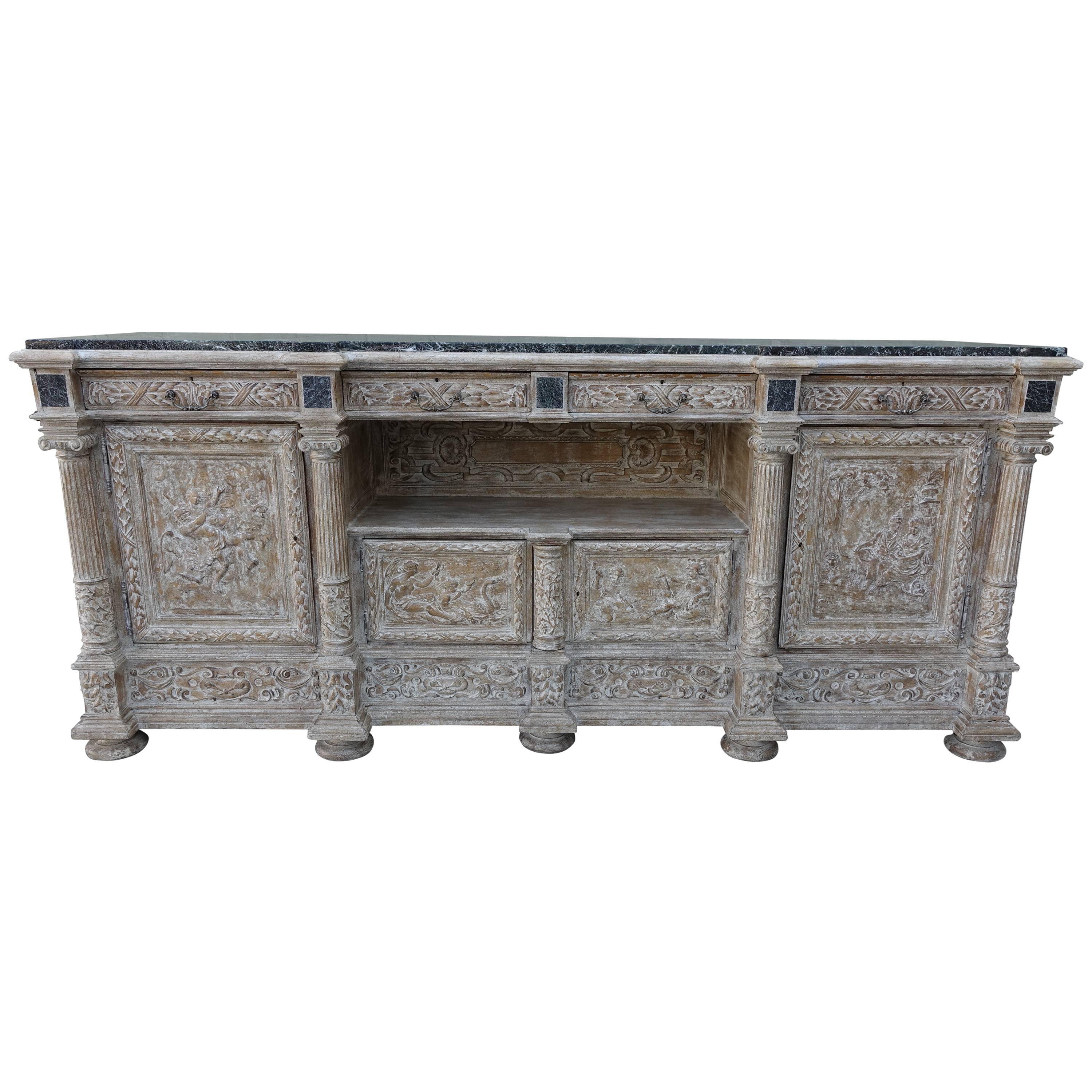 19th Century French Carved Painted Sideboard with Green Marble Top