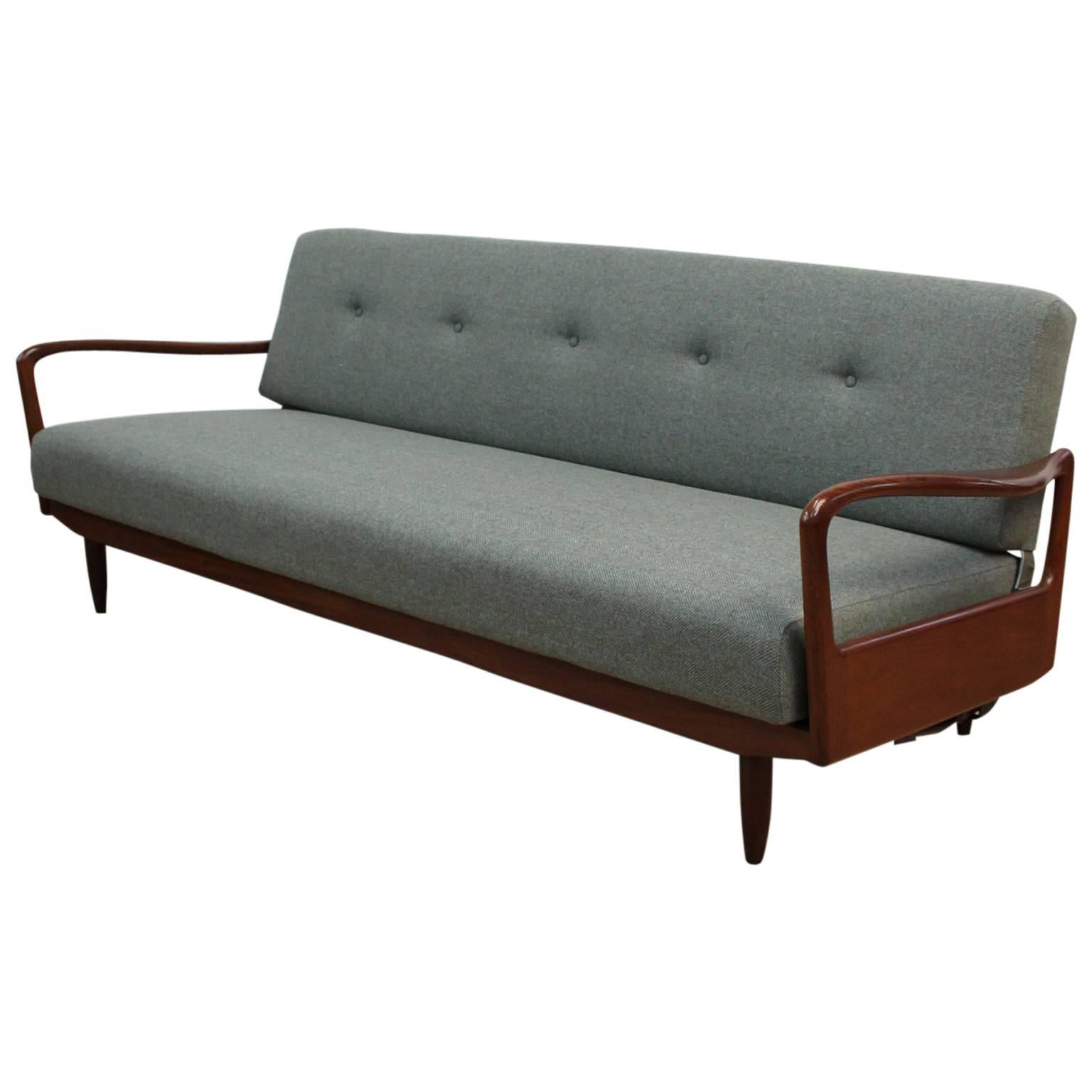 Greaves & Thomas Midcentury Sofa Bed with Teak Arms, Fully Restored in Wool