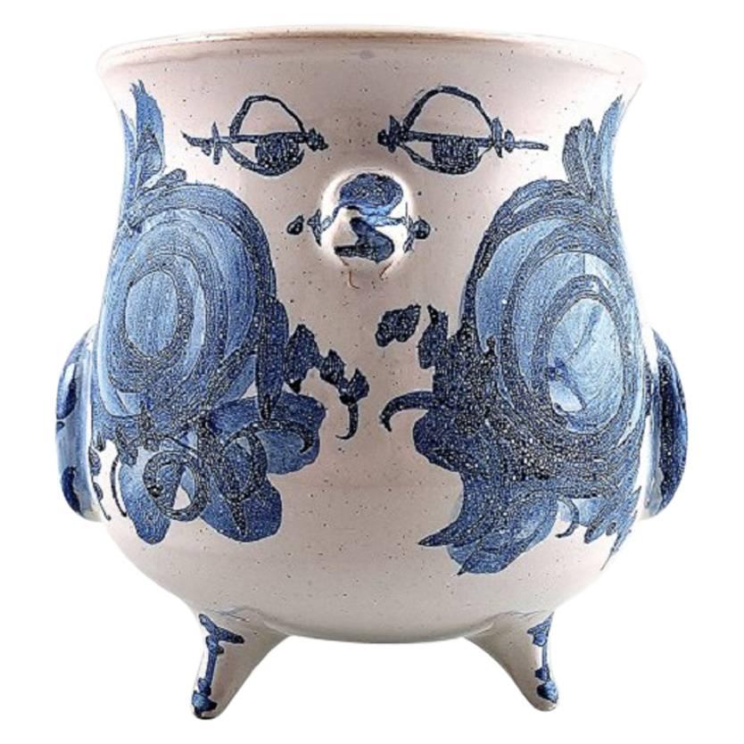 Bjorn Wiinblad Unique Ceramic Vase/Flower Pot on Three Legs, Blue Glaze