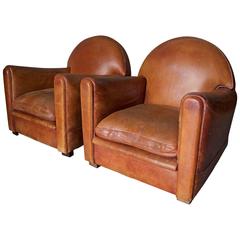 Distressed Pair of Art Deco French Cognac Leather Club Chairs, 1940s