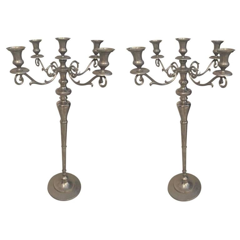 Pair of Metal Standing Candlestick Holders / Candelabra For Sale at 1stDibs