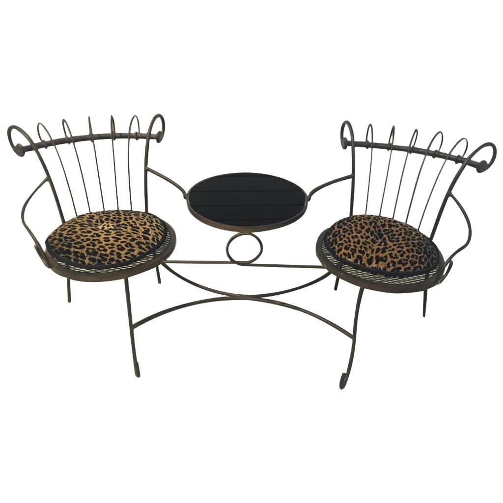 Tea Table with Two Chairs Having Leopard Print Cushions and Marble Top For Sale
