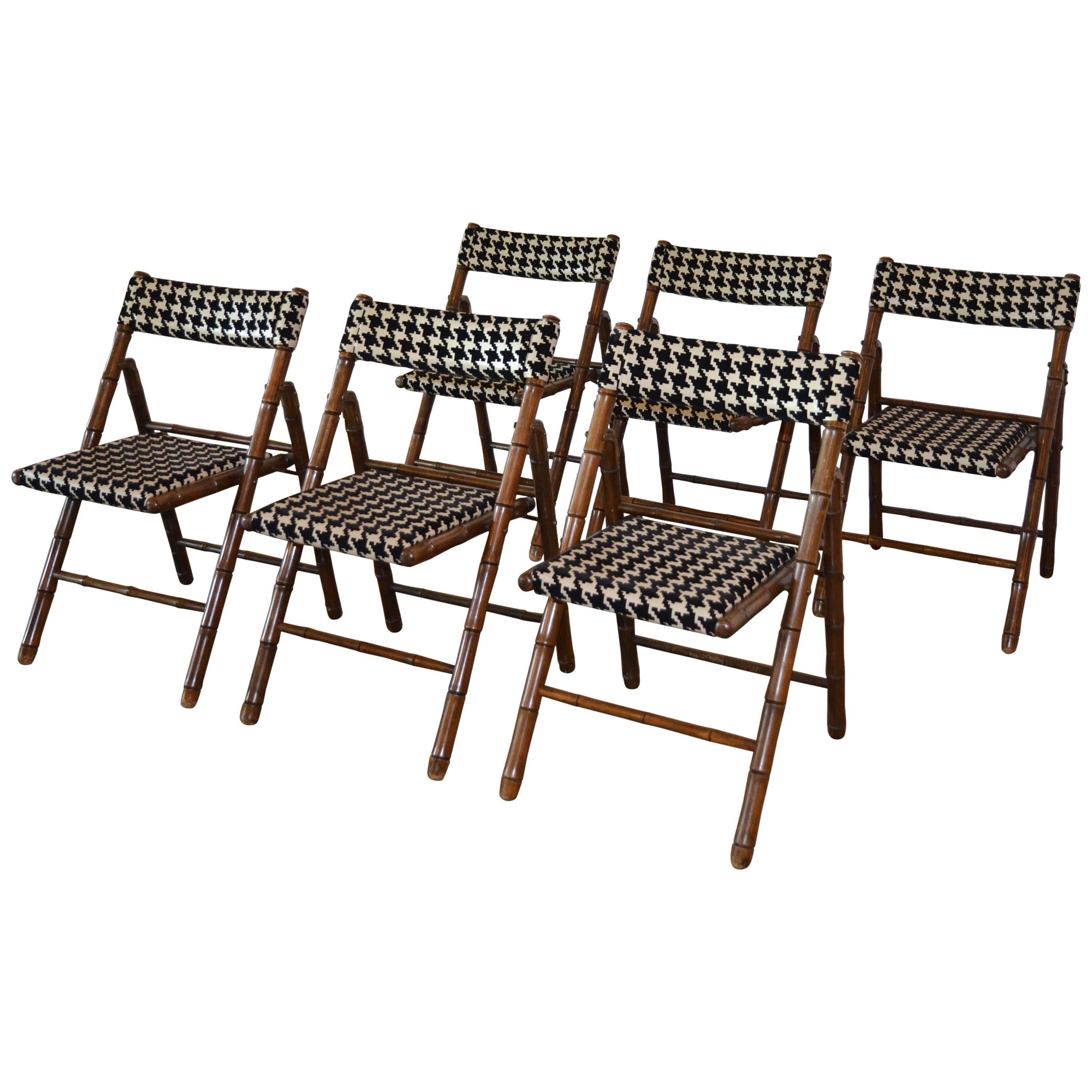 Billy Haines Style Folding Chairs, Faux Bamboo and Houndstooth:  Set of Six