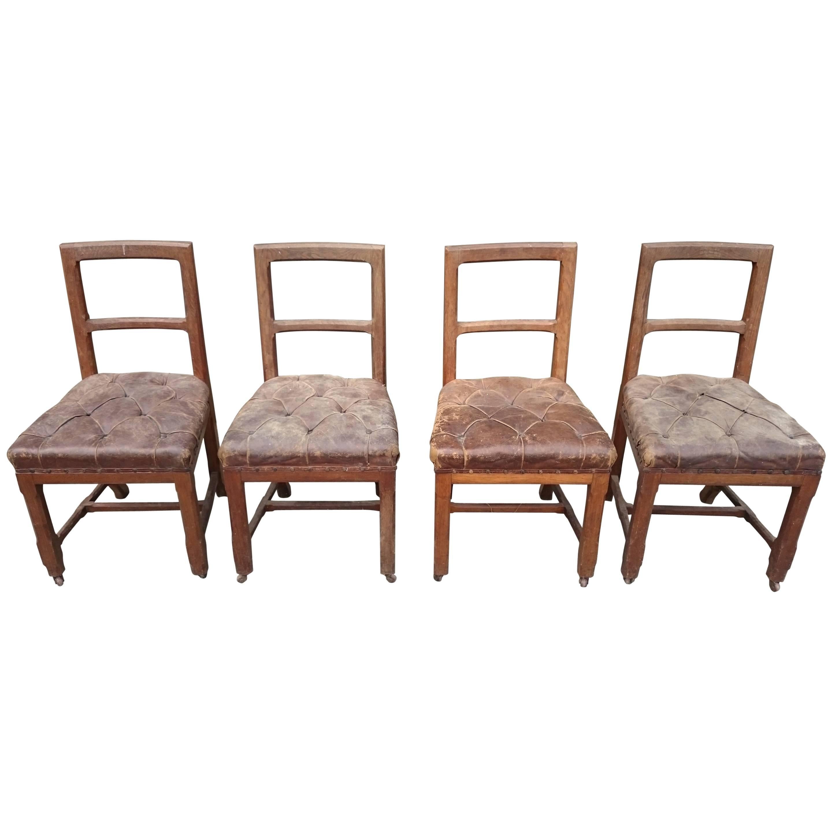 Original Leather Oak Gothic Revival Set of Four Chairs For Sale