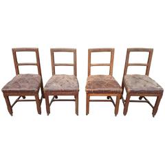 Antique Original Leather Oak Gothic Revival Set of Four Chairs