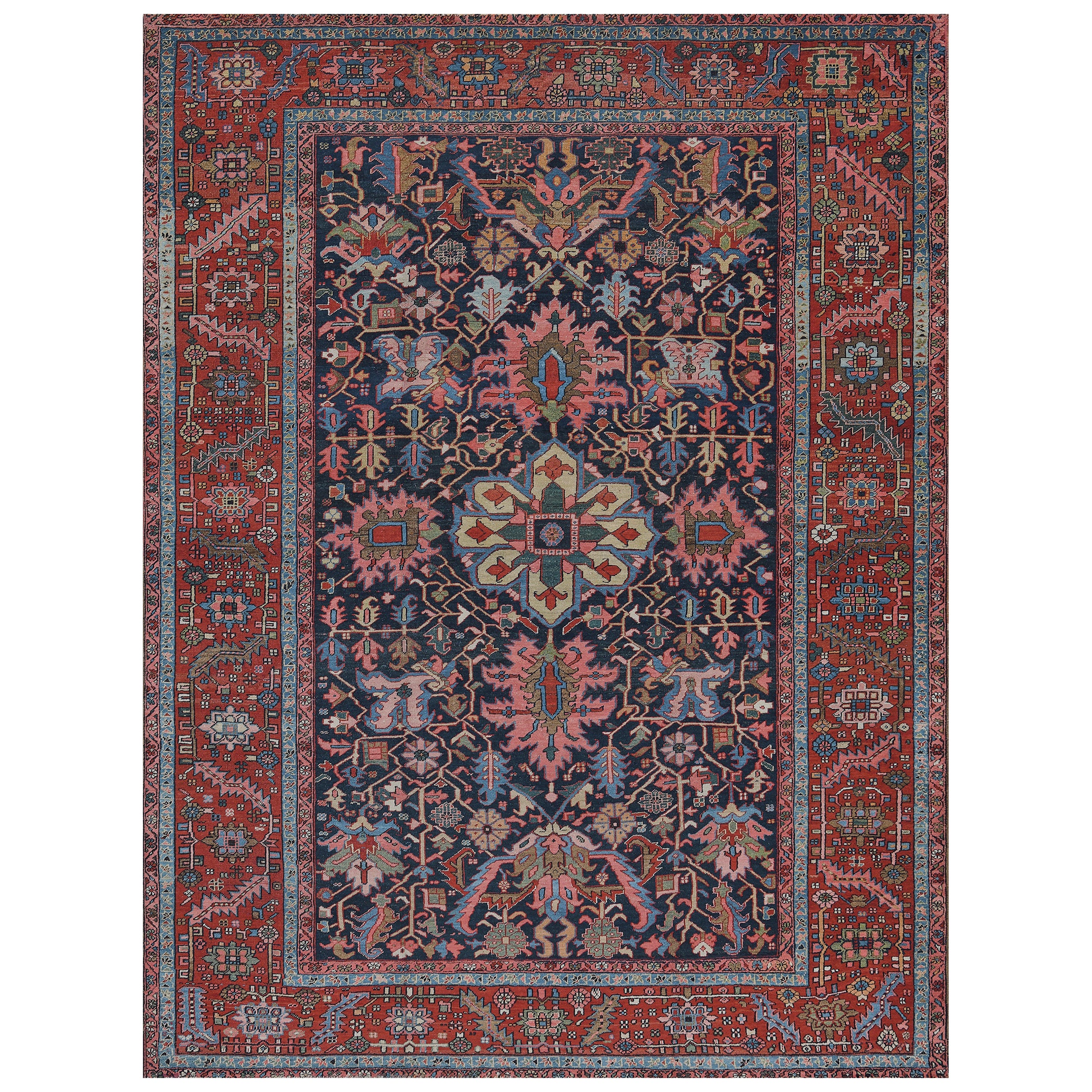 Hand-woven Traditional Red and Indigo Floral Heriz Rug from North West Persia For Sale