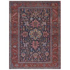 Antique Hand-woven Traditional Red and Indigo Floral Heriz Rug from North West Persia