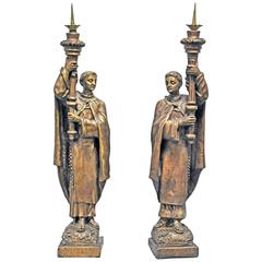 Antique Pair of Brass-Plated Figured Altarsticks