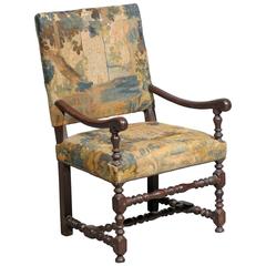 Antique 18th Century French Louis XIII Style Walnut Fauteuil with Tapestry Upholstery