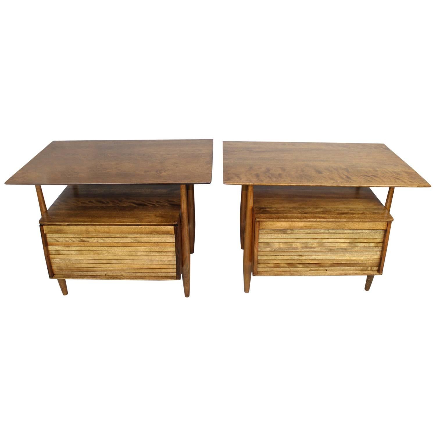 Kai Kristiansen Style Tambour Vertical Door Side Tables in Walnut and Ash