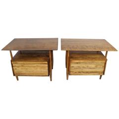 Kai Kristiansen Style Tambour Vertical Door Side Tables in Walnut and Ash