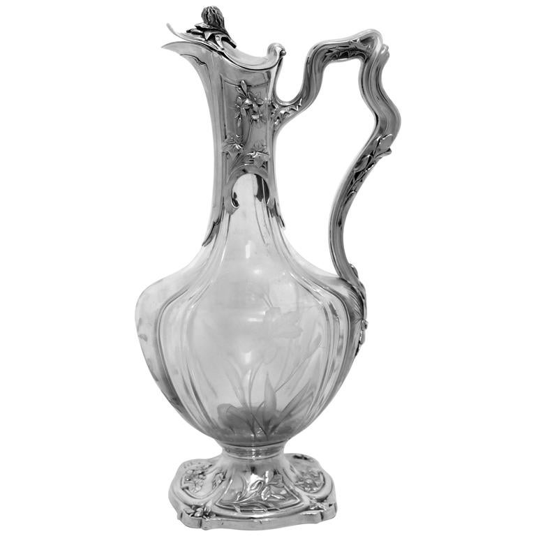 French Sterling Silver Cut Crystal Claret Jug, Ewer, Decanter