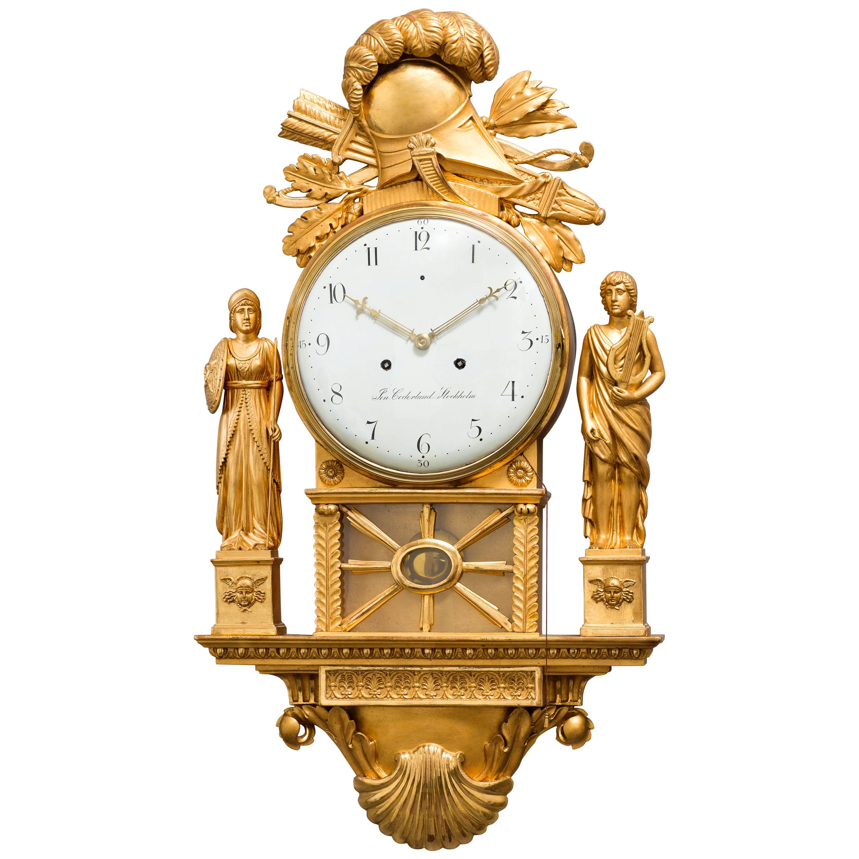 Horloge de cheminée murale suédoise inhabituelle de style Empire du début du XIXe siècle par Cederlund en vente