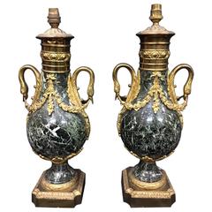 Pair of Green Marble Lamps, 19th Century Pair of Green Marble Lamps, 19th Century